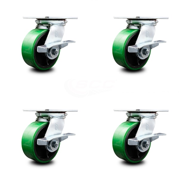 5 Inch Green Poly on Cast Iron Caster Set with Roller Bearing and Brake SCC